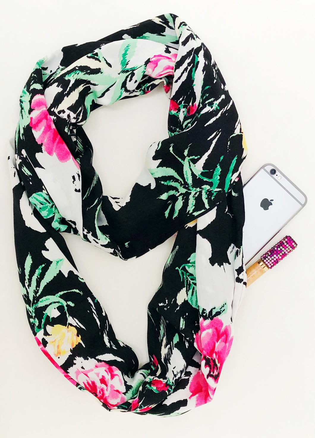 infinity travel scarf features a hidden pocket with floral print design