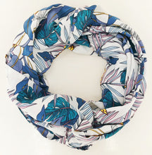 Load image into Gallery viewer, Travel scarf featuring hidden pocket in white tropical print