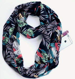 Secret pocket travel scarf in a navy tropical print