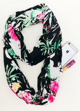 Load image into Gallery viewer, infinity travel scarf features a hidden pocket with floral print design
